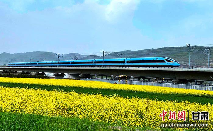 一列银西高铁列车途经庆阳市庆城县马岭镇马岭村。 朱欢 摄